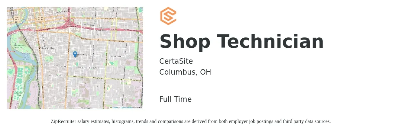 CertaSite job posting for a Shop Technician in Columbus, OH with a salary of $16 to $23 Hourly with a map of Columbus location.
