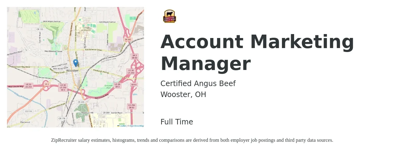 Certified Angus Beef job posting for a Account Marketing Manager in Wooster, OH with a salary of $42,300 to $66,700 Yearly with a map of Wooster location.