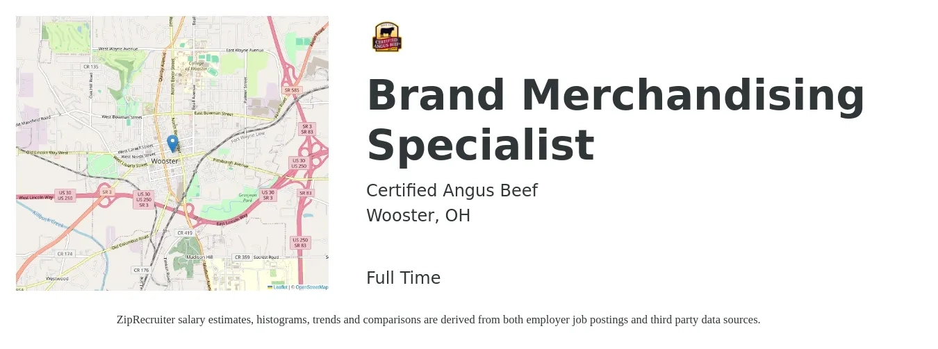 Certified Angus Beef job posting for a Brand Merchandising Specialist in Wooster, OH with a salary of $13 to $19 Hourly with a map of Wooster location.