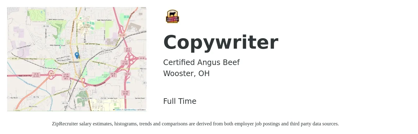 Certified Angus Beef job posting for a Copywriter in Wooster, OH with a salary of $25 to $38 Hourly with a map of Wooster location.
