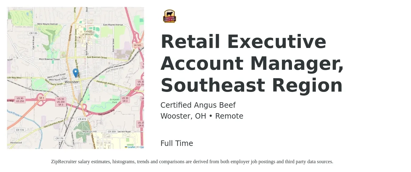 Certified Angus Beef job posting for a Retail Executive Account Manager, Southeast Region in Wooster, OH with a salary of $48,800 to $88,000 Yearly with a map of Wooster location.