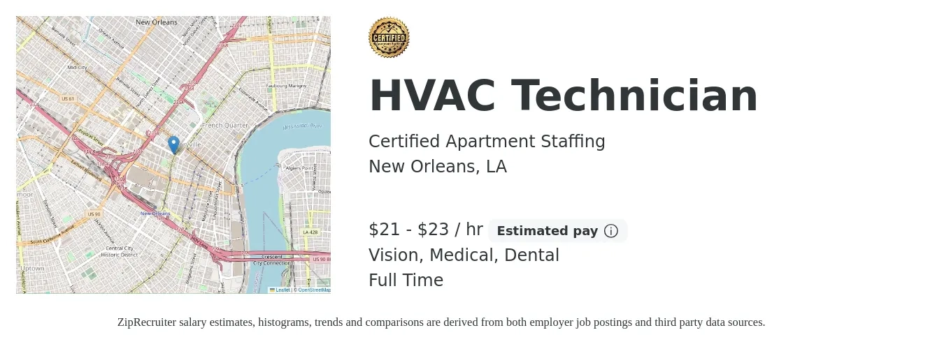 Certified Apartment Staffing job posting for a HVAC Technician in New Orleans, LA with a salary of $22 to $24 Hourly and benefits including dental, medical, retirement, and vision with a map of New Orleans location.