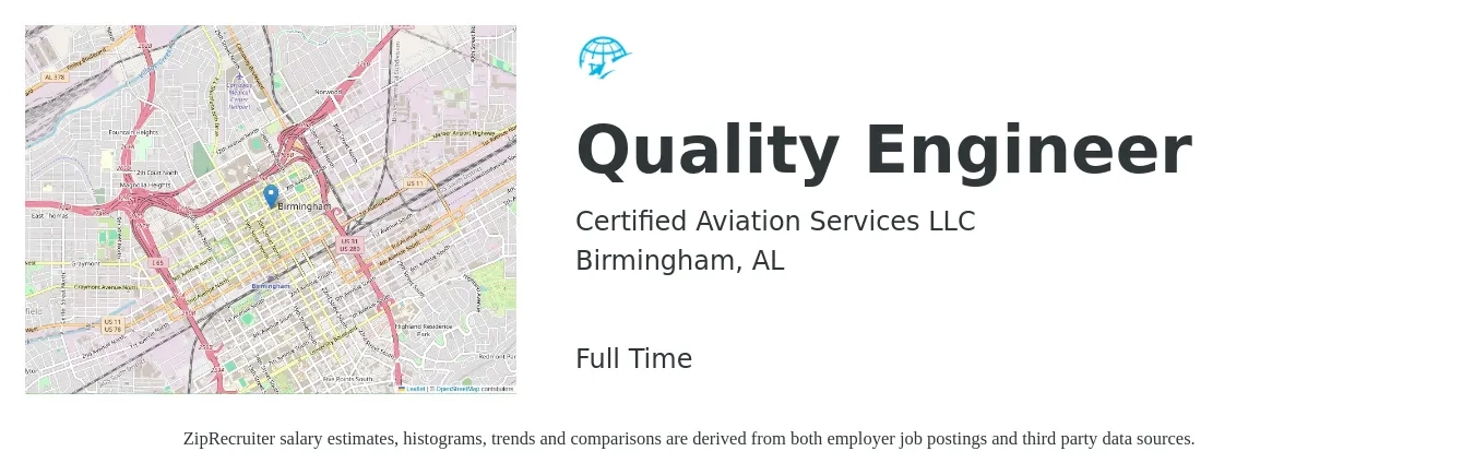 Certified Aviation Services LLC job posting for a Quality Engineer in Birmingham, AL with a salary of $67,500 to $87,100 Yearly with a map of Birmingham location.