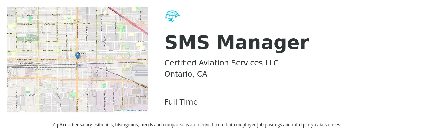 Certified Aviation Services LLC job posting for a SMS Manager in Ontario, CA with a salary of $77,800 to $116,900 Yearly with a map of Ontario location.