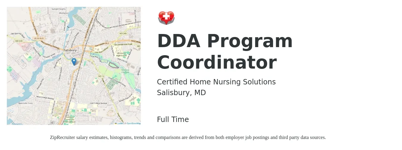 Certified Home Nursing Solutions job posting for a DDA Program Coordinator in Salisbury, MD with a salary of $41,500 to $61,200 Yearly with a map of Salisbury location.