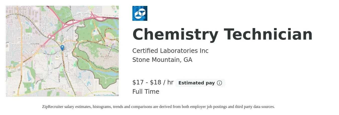 Certified Laboratories Inc job posting for a Chemistry Technician in Stone Mountain, GA with a salary of $18 to $19 Hourly with a map of Stone Mountain location.