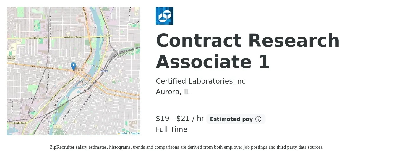 Certified Laboratories Inc job posting for a Contract Research Associate 1 in Aurora, IL with a salary of $20 to $22 Hourly with a map of Aurora location.