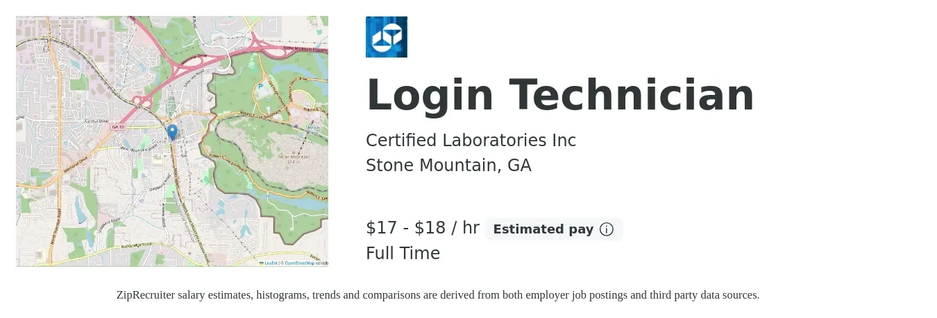 Certified Laboratories Inc job posting for a Login Technician in Stone Mountain, GA with a salary of $18 to $19 Hourly with a map of Stone Mountain location.