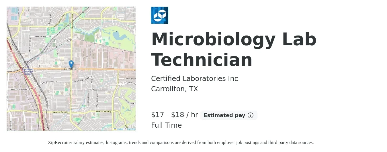 Certified Laboratories Inc job posting for a Microbiology Lab Technician in Carrollton, TX with a salary of $18 to $19 Hourly with a map of Carrollton location.