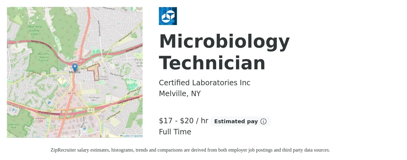 Certified Laboratories Inc job posting for a Microbiology Technician in Melville, NY with a salary of $18 to $21 Hourly with a map of Melville location.