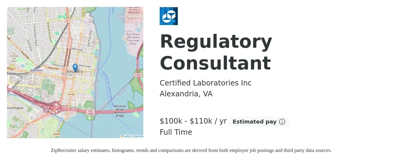 Certified Laboratories Inc job posting for a Regulatory Consultant in Alexandria, VA with a salary of $100,000 to $110,000 Yearly with a map of Alexandria location.