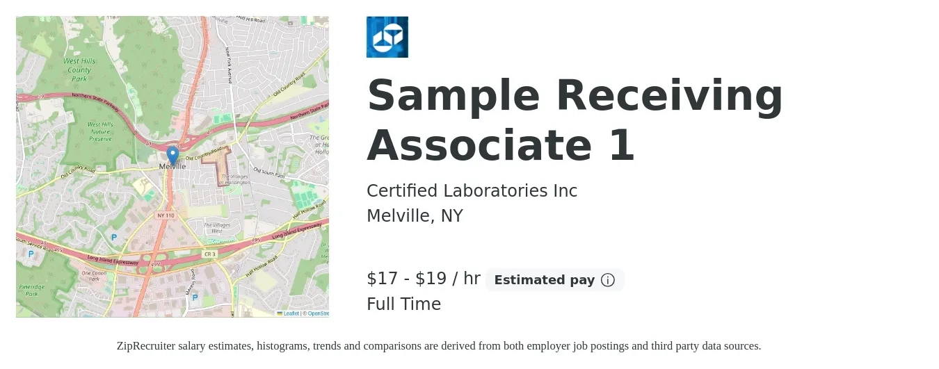 Certified Laboratories Inc job posting for a Sample Receiving Associate 1 in Melville, NY with a salary of $18 to $20 Hourly with a map of Melville location.