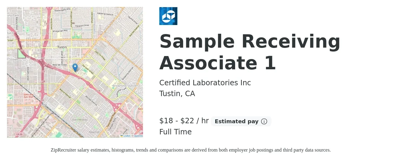 Certified Laboratories Inc job posting for a Sample Receiving Associate 1 in Tustin, CA with a salary of $19 to $23 Hourly with a map of Tustin location.
