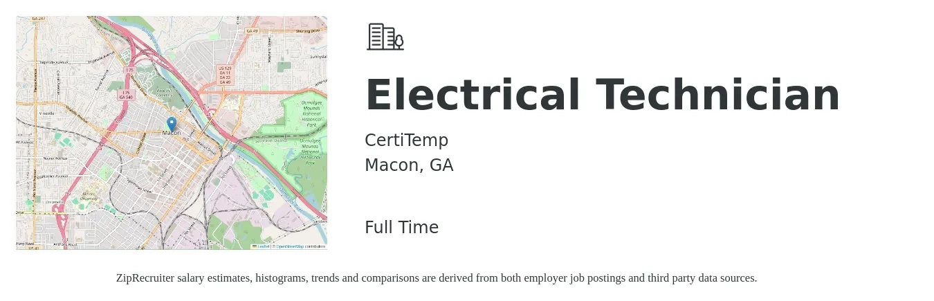 CertiTemp job posting for a Electrical Technician in Macon, GA with a salary of $20 to $29 Hourly with a map of Macon location.