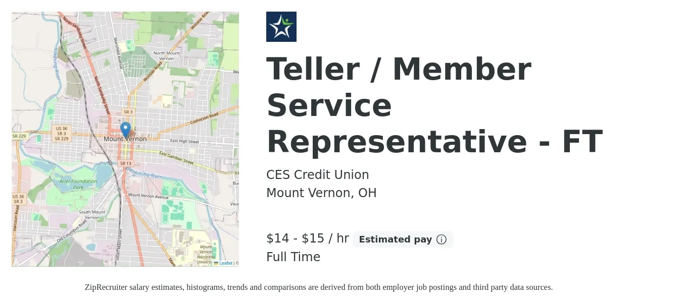 CES Credit Union job posting for a Teller / Member Service Representative - FT in Mount Vernon, OH with a salary of $15 to $16 Hourly with a map of Mount Vernon location.