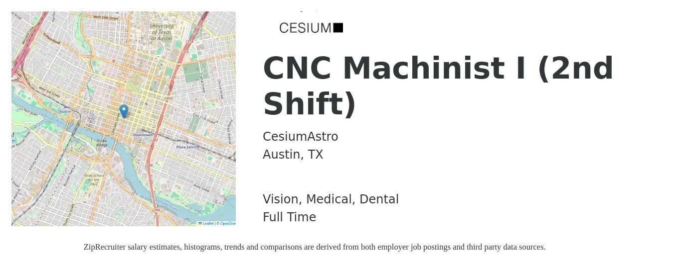 CesiumAstro job posting for a CNC Machinist I (2nd Shift) in Austin, TX with a salary of $20 to $28 Hourly and benefits including dental, life_insurance, medical, pto, retirement, and vision with a map of Austin location.
