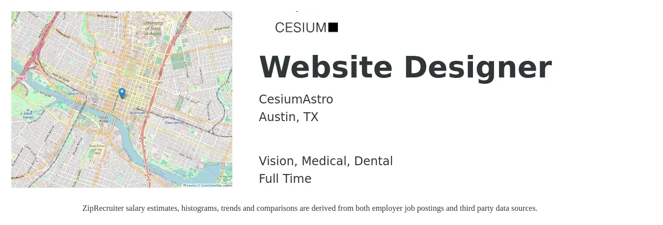 CesiumAstro job posting for a Website Designer in Austin, TX with a salary of $26 to $40 Hourly and benefits including pto, retirement, vision, dental, life_insurance, and medical with a map of Austin location.