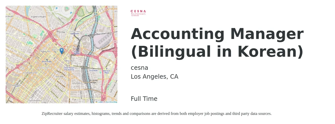 cesna job posting for a Accounting Manager (Bilingual in Korean) in Los Angeles, CA with a salary of $84,000 to $120,700 Yearly with a map of Los Angeles location.