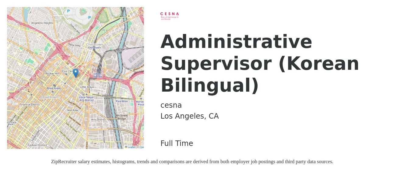 cesna job posting for a Administrative Supervisor (Korean Bilingual) in Los Angeles, CA with a salary of $53,300 to $87,300 Yearly with a map of Los Angeles location.