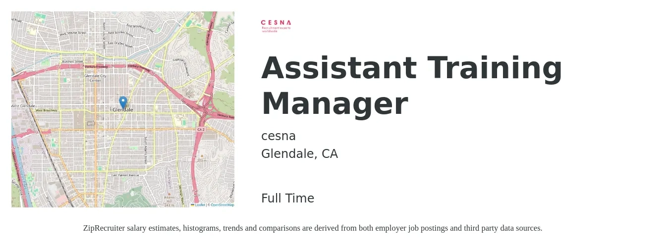 cesna job posting for a Assistant Training Manager in Glendale, CA with a salary of $17 to $24 Hourly with a map of Glendale location.
