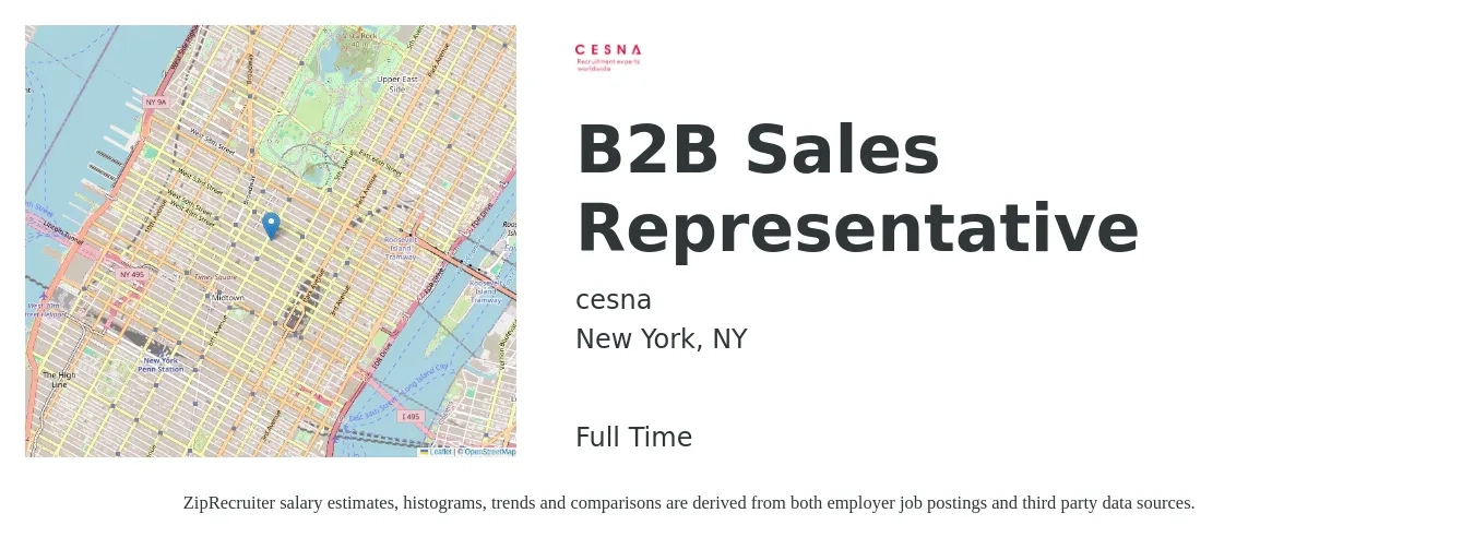 cesna job posting for a B2B Sales Representative in New York, NY with a salary of $53,900 to $90,300 Yearly with a map of New York location.
