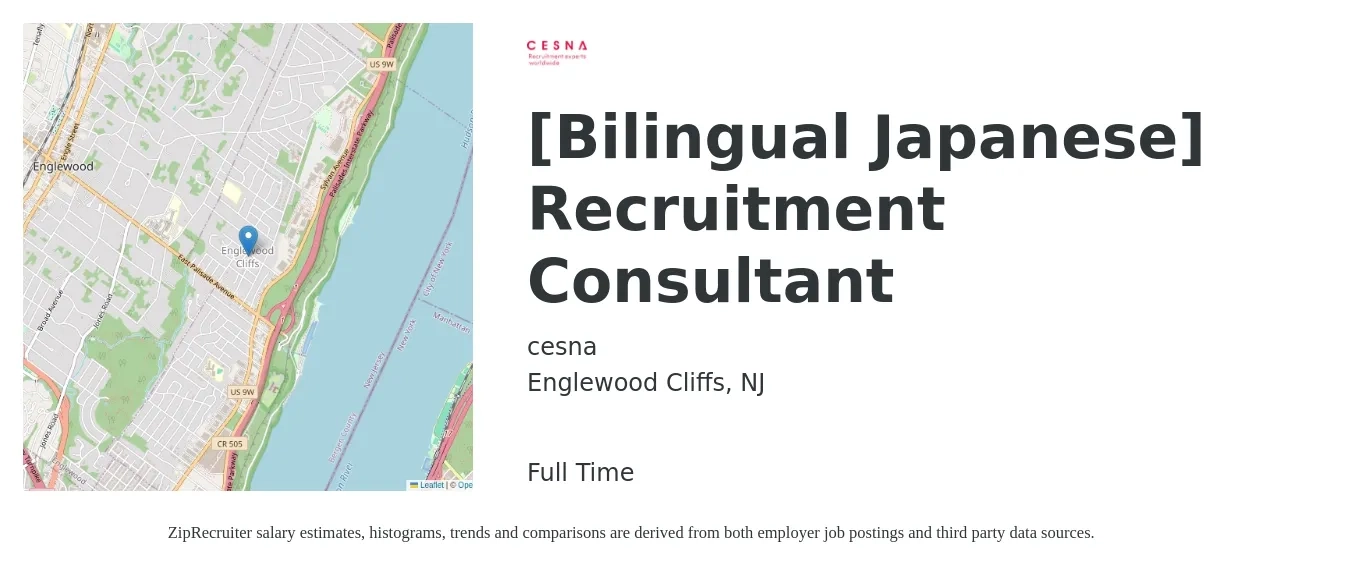 cesna job posting for a [Bilingual Japanese] Recruitment Consultant in Englewood Cliffs, NJ with a salary of $49,500 to $62,200 Yearly with a map of Englewood Cliffs location.