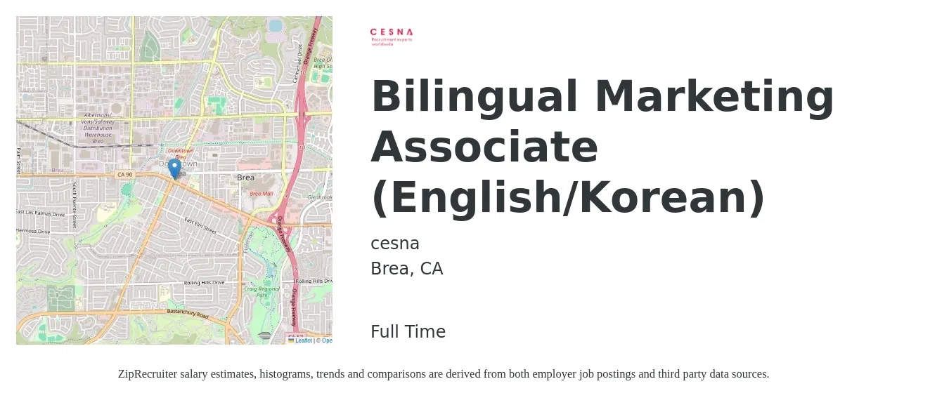 cesna job posting for a Bilingual Marketing Associate (English/Korean) in Brea, CA with a salary of $43,300 to $59,800 Yearly with a map of Brea location.