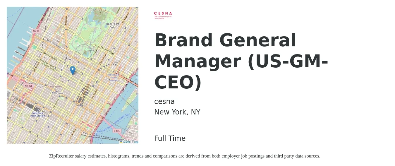 cesna job posting for a Brand General Manager (US-GM-CEO) in New York, NY with a salary of $54,500 to $81,500 Yearly with a map of New York location.
