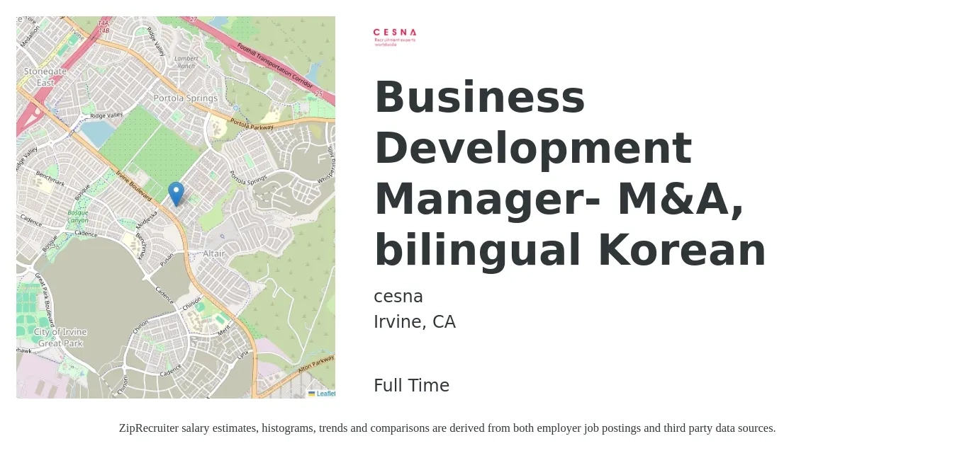 cesna job posting for a Business Development Manager- M&A, bilingual Korean in Irvine, CA with a salary of $65,500 to $107,300 Yearly with a map of Irvine location.