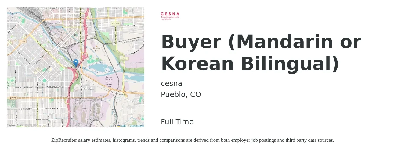 cesna job posting for a Buyer (Mandarin or Korean Bilingual) in Pueblo, CO with a salary of $54,000 to $77,600 Yearly with a map of Pueblo location.