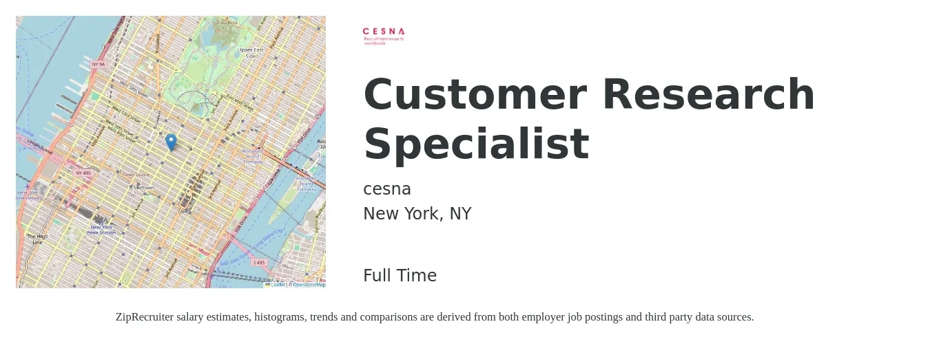 cesna job posting for a Customer Research Specialist in New York, NY with a salary of $48,400 to $77,100 Yearly with a map of New York location.