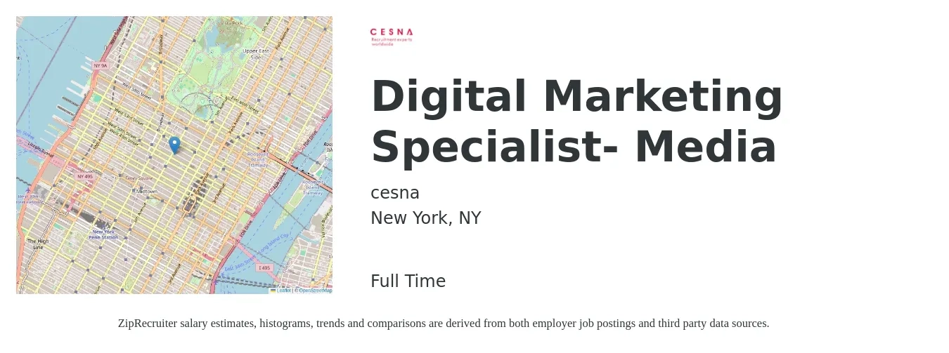 cesna job posting for a Digital Marketing Specialist- Media in New York, NY with a salary of $54,700 to $81,500 Yearly with a map of New York location.