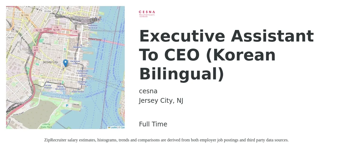 cesna job posting for a Executive Assistant To CEO (Korean Bilingual) in Jersey City, NJ with a salary of $59,600 to $109,400 Yearly with a map of Jersey City location.