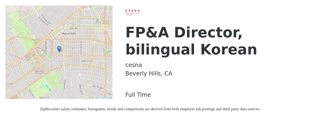 cesna job posting for a FP&A Director, bilingual Korean in Beverly Hills, CA with a salary of $116,100 to $176,700 Yearly with a map of Beverly Hills location.