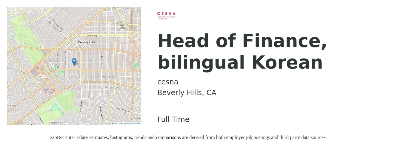 cesna job posting for a Head of Finance, bilingual Korean in Beverly Hills, CA with a salary of $142,100 to $202,100 Yearly with a map of Beverly Hills location.