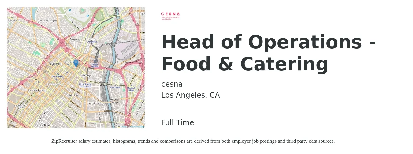 cesna job posting for a Head of Operations - Food & Catering in Los Angeles, CA with a salary of $81,400 to $146,000 Yearly with a map of Los Angeles location.