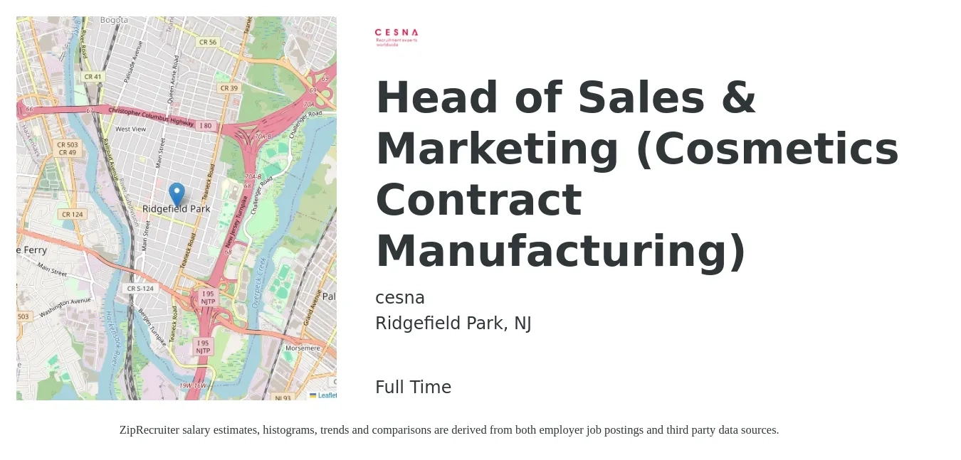 cesna job posting for a Head of Sales & Marketing (Cosmetics Contract Manufacturing) in Ridgefield Park, NJ with a salary of $68,100 to $122,900 Yearly with a map of Ridgefield Park location.