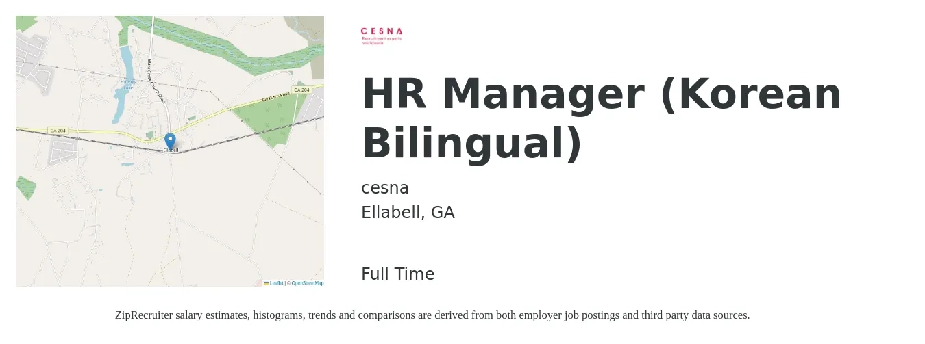 cesna job posting for a HR Manager (Korean Bilingual) in Ellabell, GA with a salary of $63,300 to $91,700 Yearly with a map of Ellabell location.