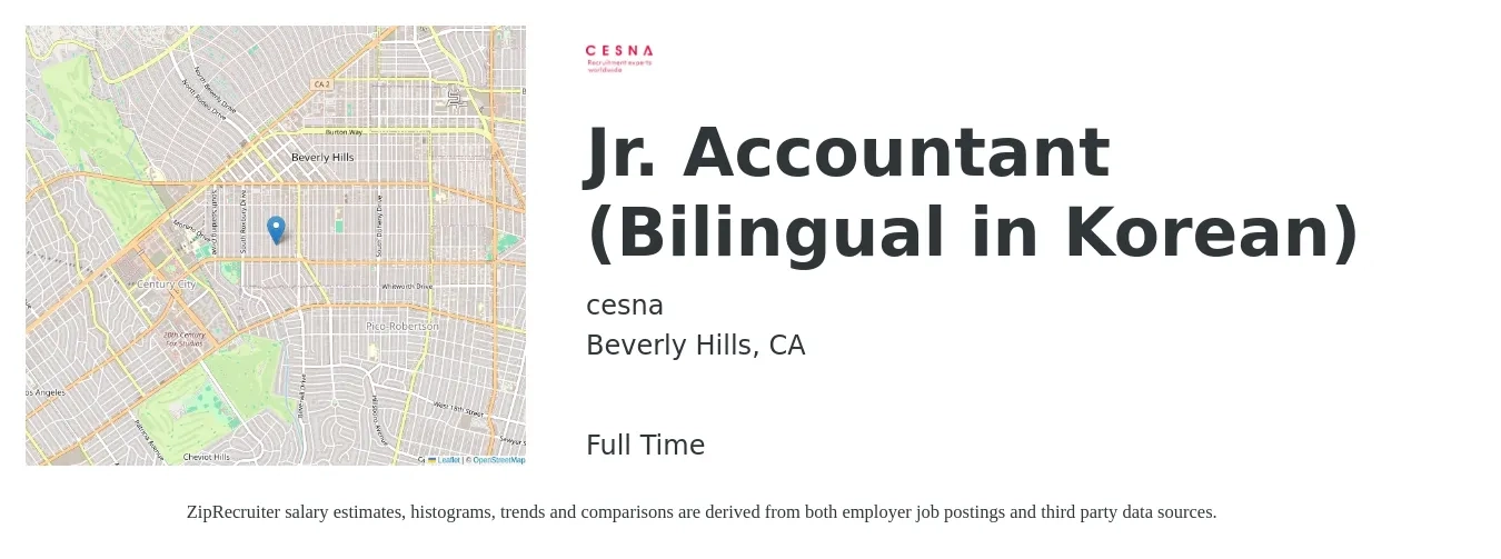cesna job posting for a Jr. Accountant (Bilingual in Korean) in Beverly Hills, CA with a salary of $54,900 to $69,300 Yearly with a map of Beverly Hills location.