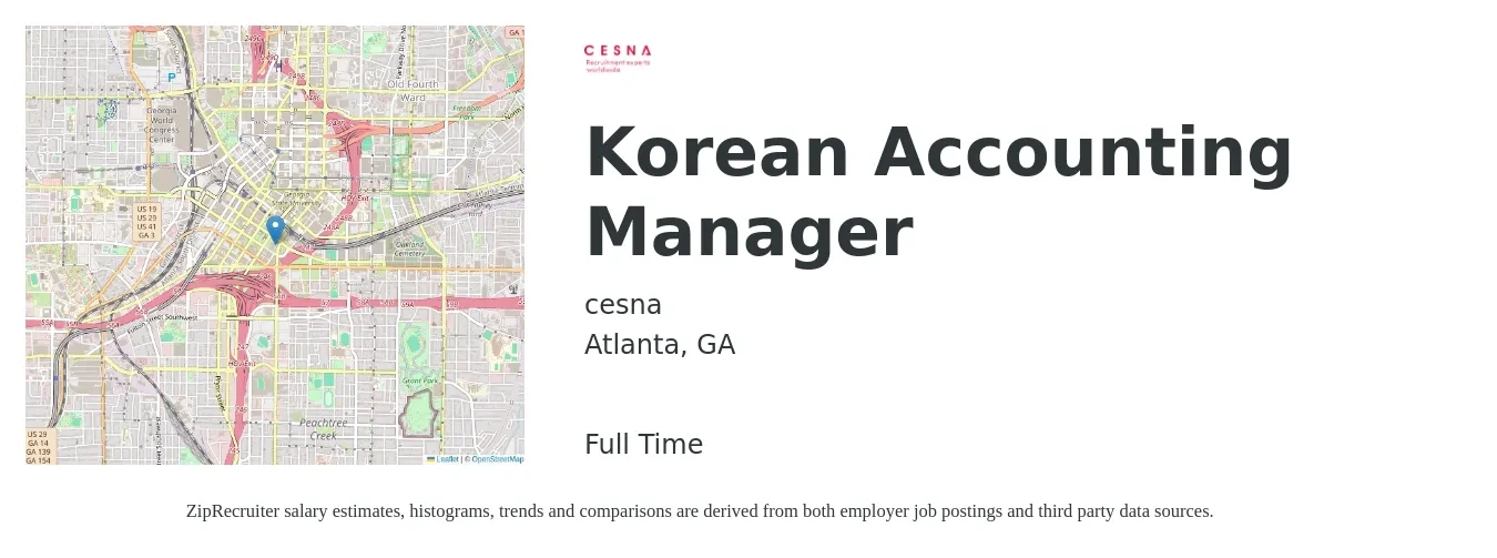 cesna job posting for a Korean Accounting Manager in Atlanta, GA with a salary of $75,000 to $107,700 Yearly with a map of Atlanta location.