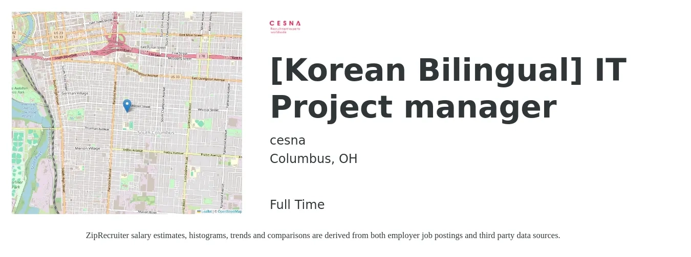cesna job posting for a [Korean Bilingual] IT Project manager in Columbus, OH with a salary of $95,100 to $112,500 Yearly with a map of Columbus location.