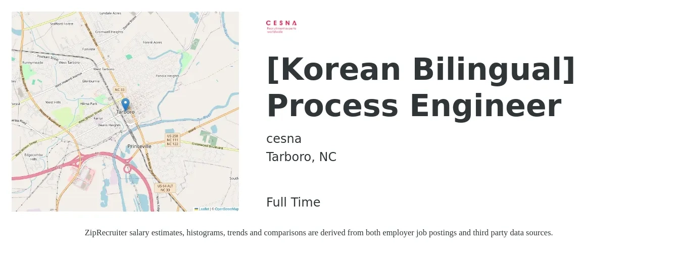 cesna job posting for a [Korean Bilingual] Process Engineer in Tarboro, NC with a salary of $67,100 to $92,800 Yearly with a map of Tarboro location.