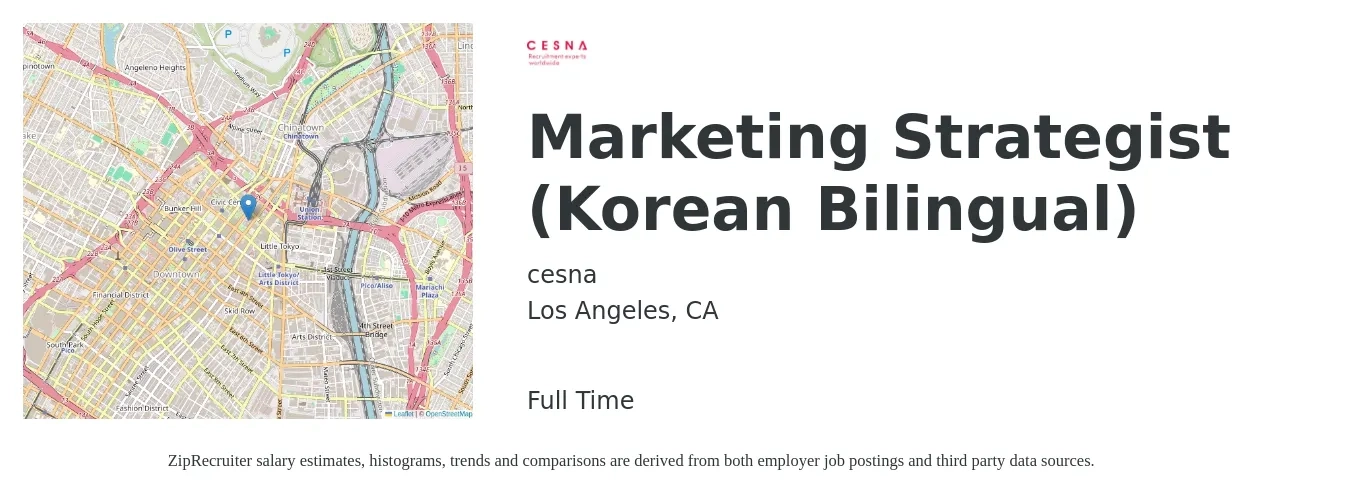 cesna job posting for a Marketing Strategist (Korean Bilingual) in Los Angeles, CA with a salary of $53,900 to $90,000 Yearly with a map of Los Angeles location.