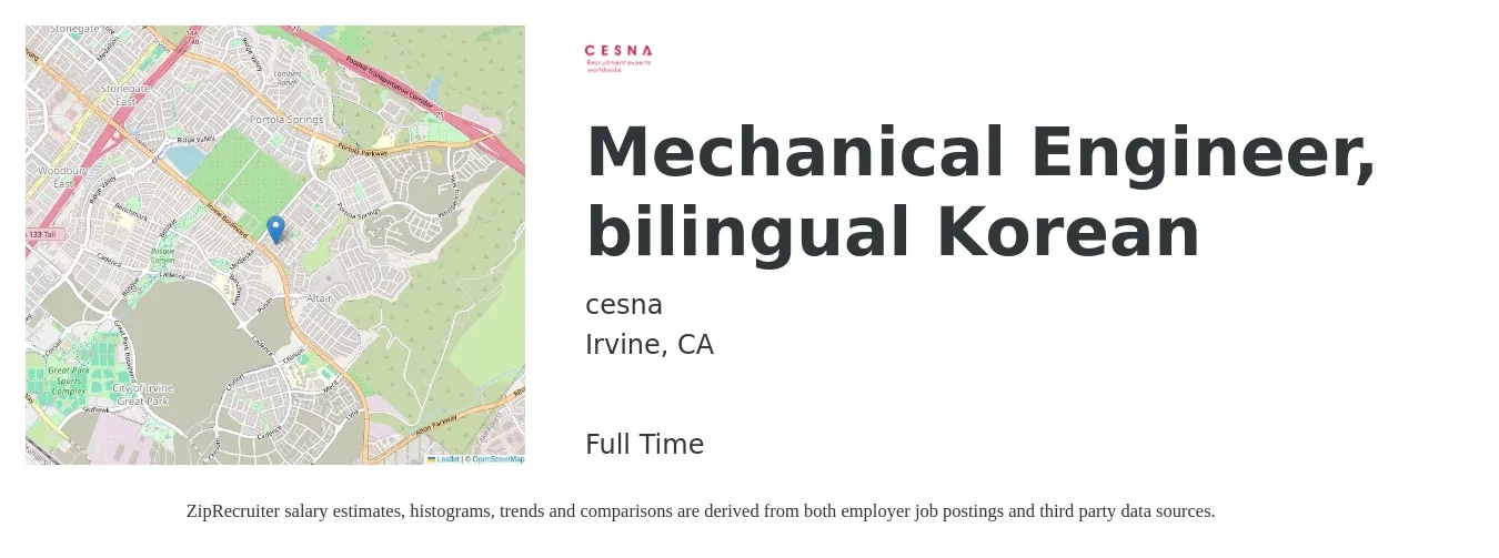 cesna job posting for a Mechanical Engineer, bilingual Korean in Irvine, CA with a salary of $87,500 to $135,800 Yearly with a map of Irvine location.