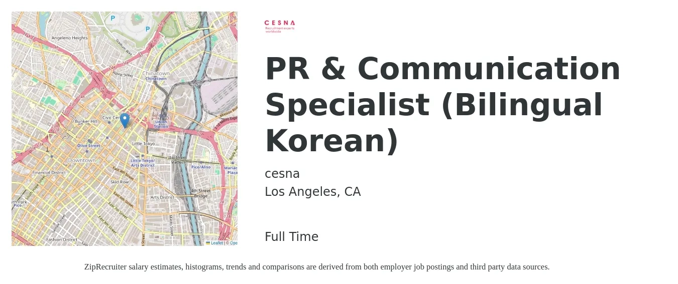 cesna job posting for a PR & Communication Specialist (Bilingual Korean) in Los Angeles, CA with a salary of $56,000 to $79,700 Yearly with a map of Los Angeles location.