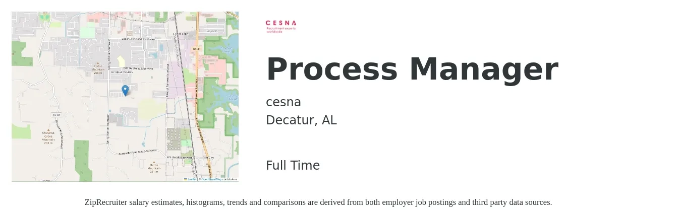 cesna job posting for a Process Manager in Decatur, AL with a salary of $90,000 to $120,000 Yearly with a map of Decatur location.