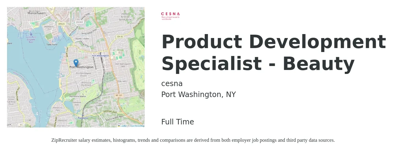 cesna job posting for a Product Development Specialist - Beauty in Port Washington, NY with a salary of $65,400 to $148,100 Yearly with a map of Port Washington location.