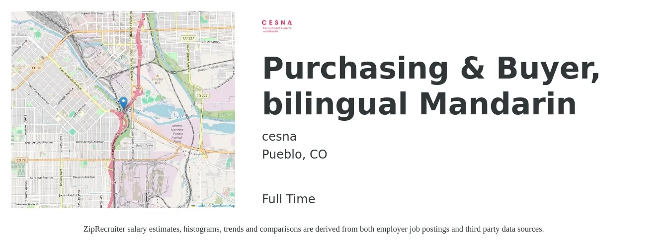 cesna job posting for a Purchasing & Buyer, bilingual Mandarin in Pueblo, CO with a salary of $24 to $34 Hourly with a map of Pueblo location.