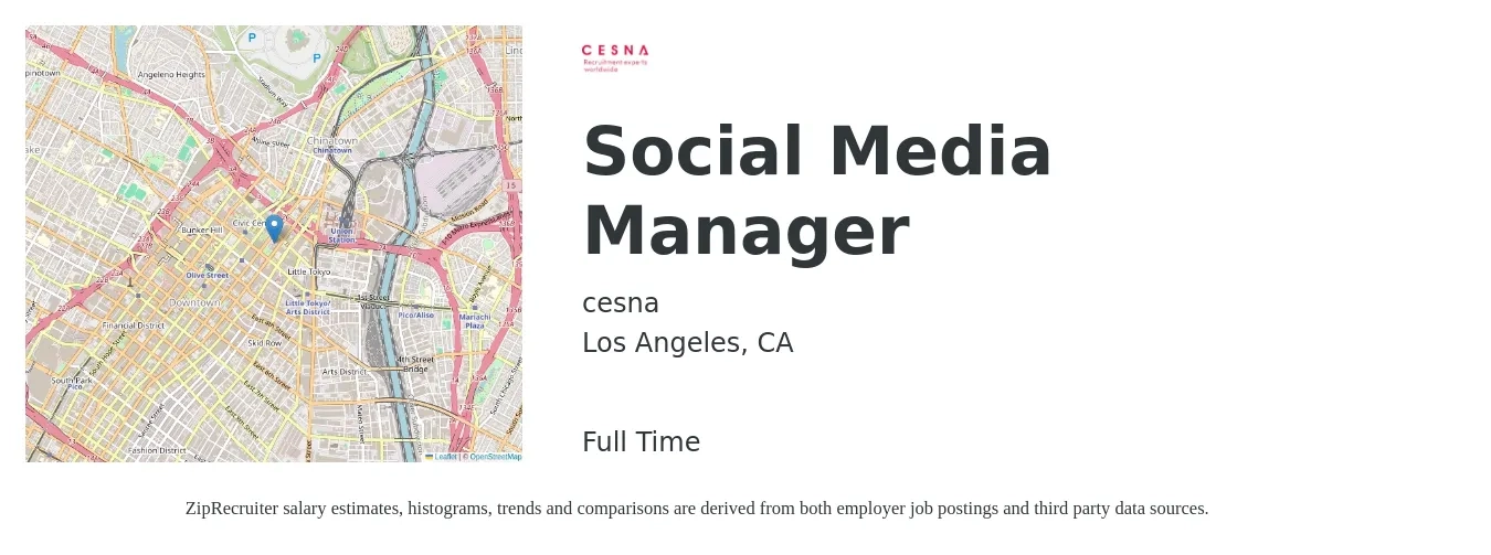 cesna job posting for a Social Media Manager in Los Angeles, CA with a salary of $51,200 to $82,400 Yearly with a map of Los Angeles location.
