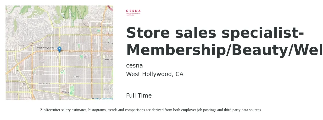 cesna job posting for a Store sales specialist- Membership/Beauty/Wellness in West Hollywood, CA with a salary of $38,900 to $45,100 Yearly with a map of West Hollywood location.